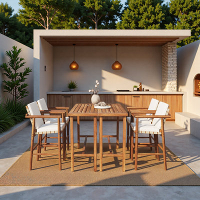 Ensemble de bar extérieur 6 pièces, 2 tables de patio en bois d'acacia et 4 tabourets avec coussins