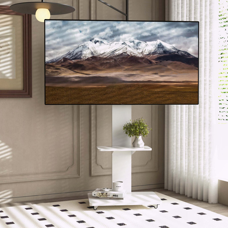 Meuble télé mobile avec support et tablette réglable de 32 à 75 pouces en blanc