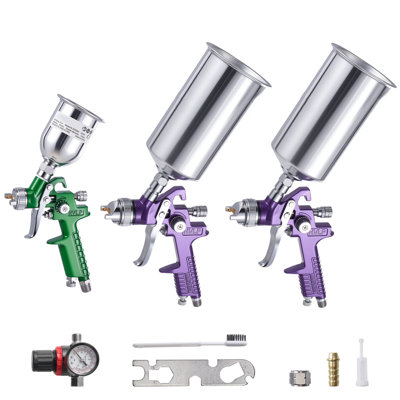 Ensemble de 3 pistolets à pulvérisation d'air, ensemble de pistolets à peinture professionnelle avec 3 buses (1 mm, 1,4 mm, 1,8 mm), 3 tasses et régulateur d'air, pulvérisateur de peinture automobile à alimentation par gravité pour apprêt, couche de finition et retouche