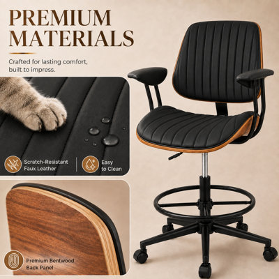 Adjustable Height Bentwood Drafting Chair with Arms, Round Footrest and Swivel Rolling Base（Black）