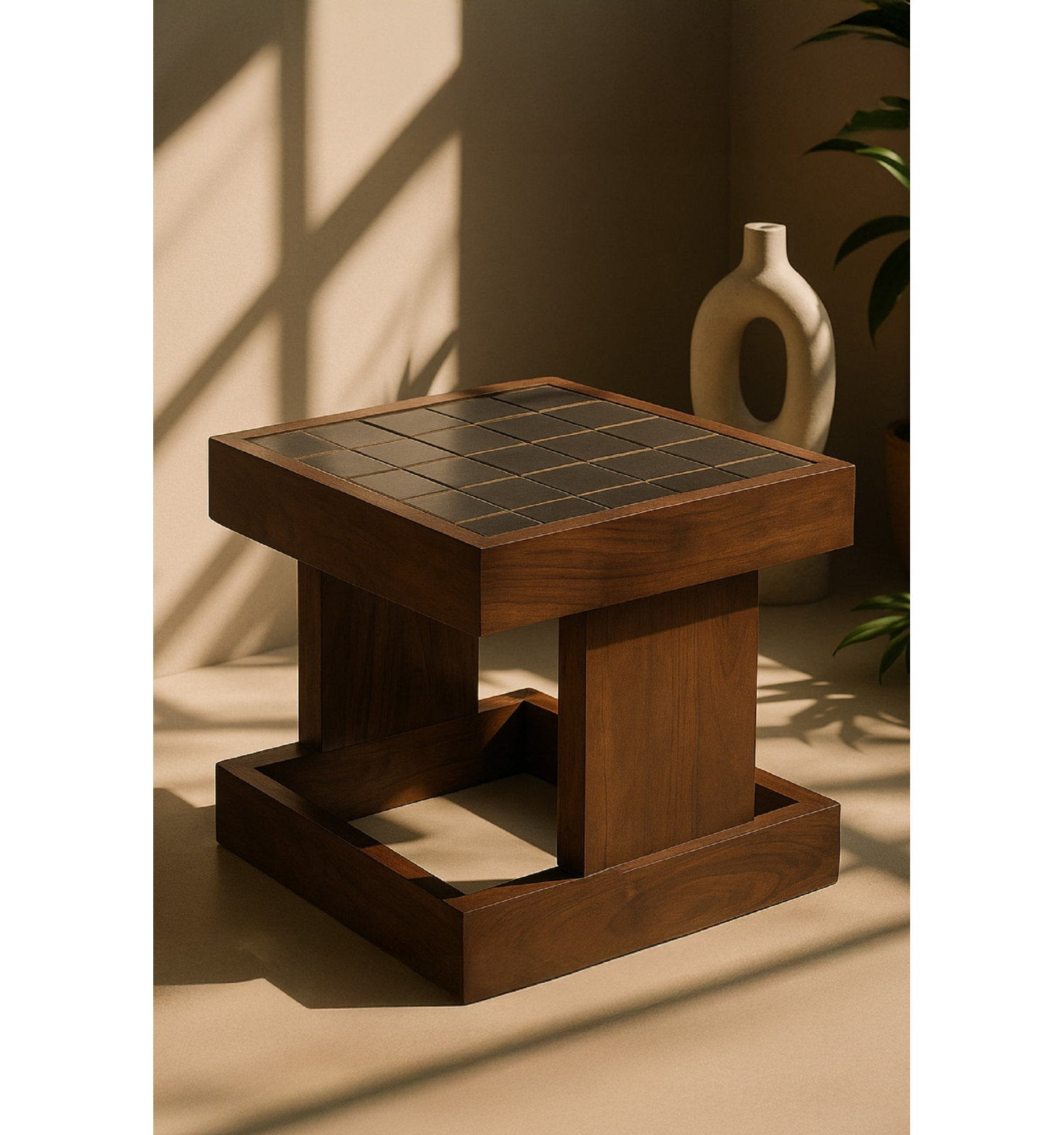 Acacia Wooden Side Table With Tiles Top Square Natural, Brown