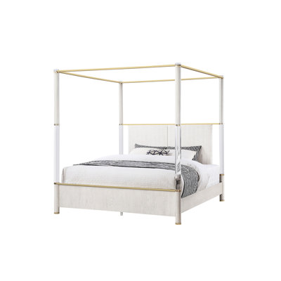 Très grand lit à quatre colonnes avec motif en acrylique et or, meubles de chambre à coucher contemporains, bois d'hévéa, bois massif + bourre, profondeur 85 po, largeur 80, hauteur 60, poids de 244,2 lb, chêne principal