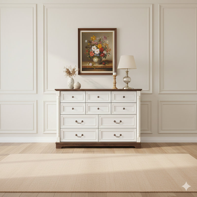 Commode à dix tiroirs pour chambre à coucher avec base en bois et bordure en bois, commode rustique en bois, commode de rangement pour chambre à coucher, salon.