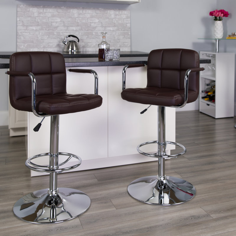 Elegant Adjustable Swivel Bar Stool in Quilted Brown Vinyl
