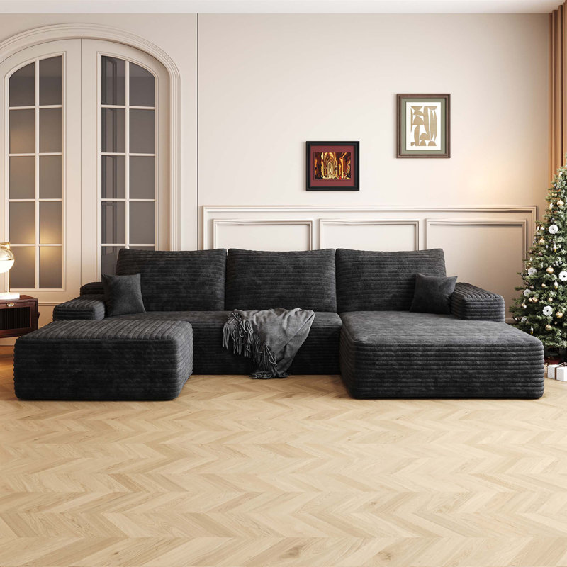 Canapé modulaire 107 po avec 1 repose-pieds Cloud, fauteuils rembourrés minimalistes modernes, canapé en U confortable pour le salon, canapé d'angle à assise profonde, aucun assemblage requis, noir (tissu en velours côtelé moelleux)