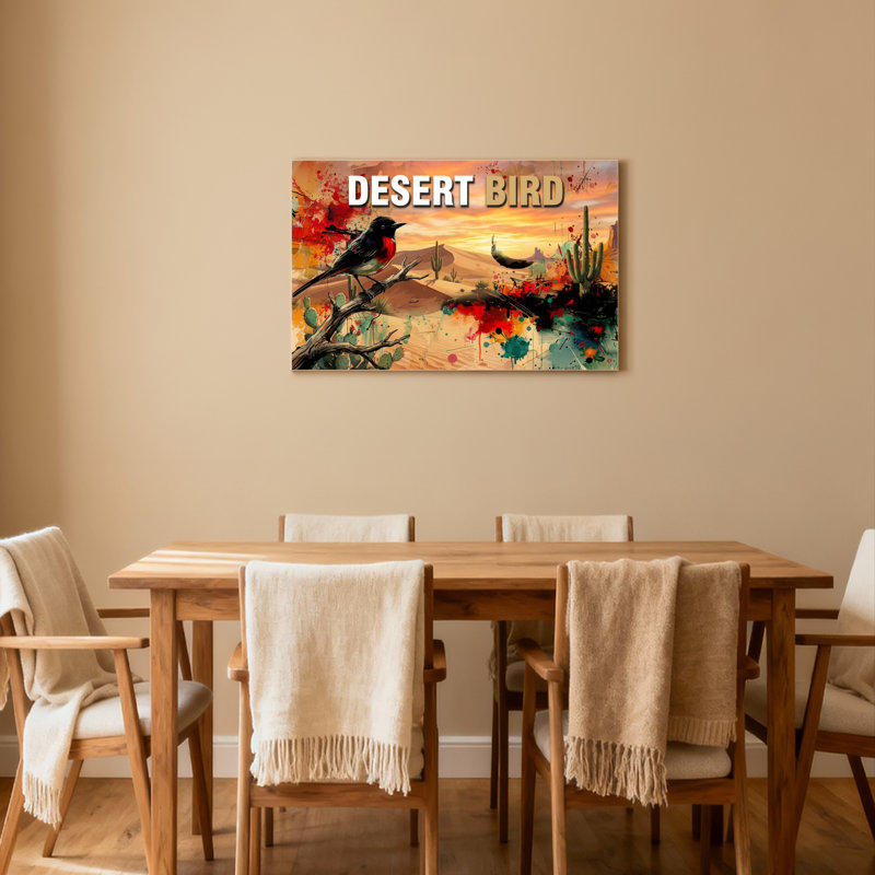 Tableau sur toile tendue représentant un paysage désertique avec des oiseaux, des cactus et un coucher de soleil, idéal pour décorer un salon ou une chambre.