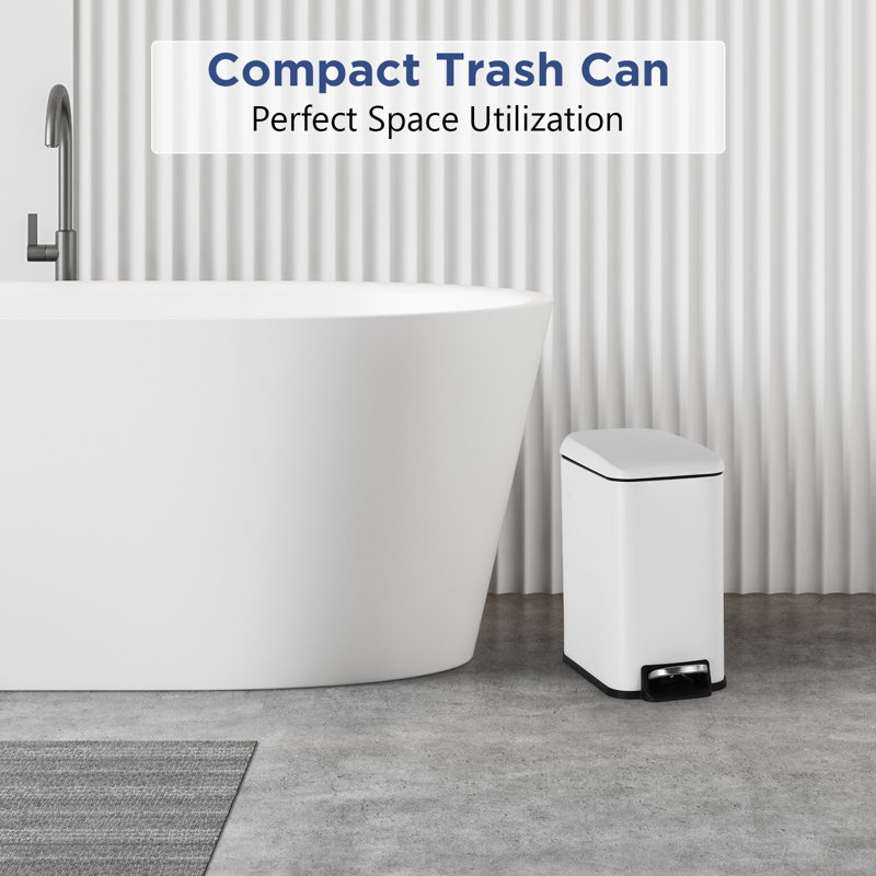 White Rectangular Stainless Steel Pedal Trash Can with Quiet Close Lid