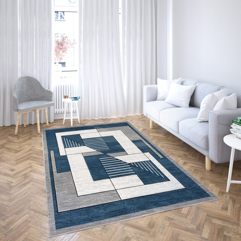 Tapis géométrique bleu Yorgos L''baiet Caroline, Rectangle 8 pi x 10 pi