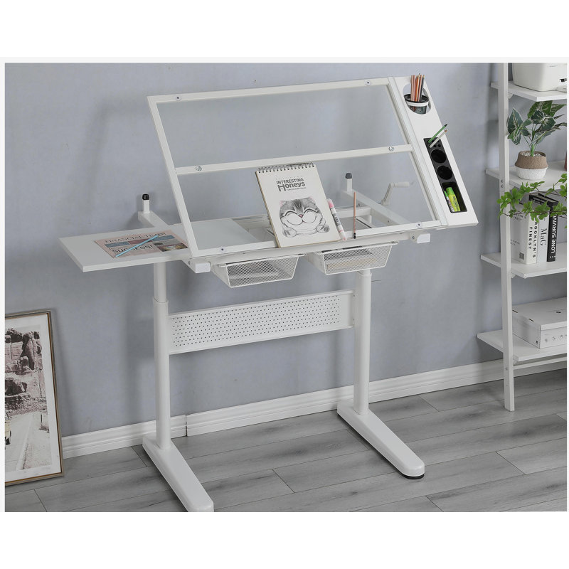 Table à dessin à réglage manuel avec deux tiroirs en métal (blanc) AVEC chaise