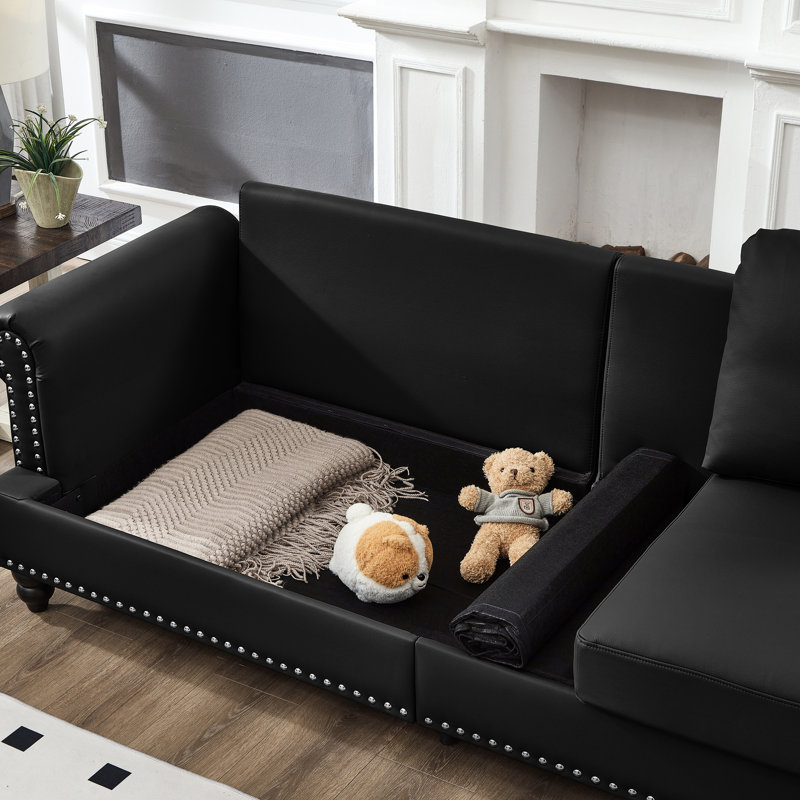 83 po Classic avec détails clous argentés, revêtement en cuir de vache doux, structure en bois massif, ressorts et mousse confortables, coussin amovible, décoration de rangement, cuir de vache, ressorts ensachés,