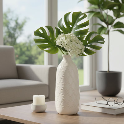 Decorative Textured Ceramic Table Vase for Home Decor Accent - Plaid Pattern Flower Vase for Shelf and Living Room Decor