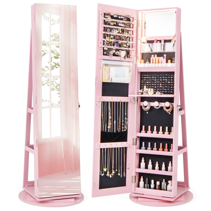 Armoire à bijoux pivotante à 360 ° 3 modes DEL verrouillables , Rose