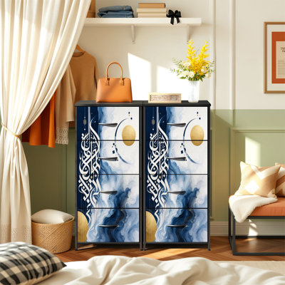 4 Drawer Vertical Storage Dresser Elegant Blue Gold Abstract Flourishes with Wood Top Fabric Pull Drawers