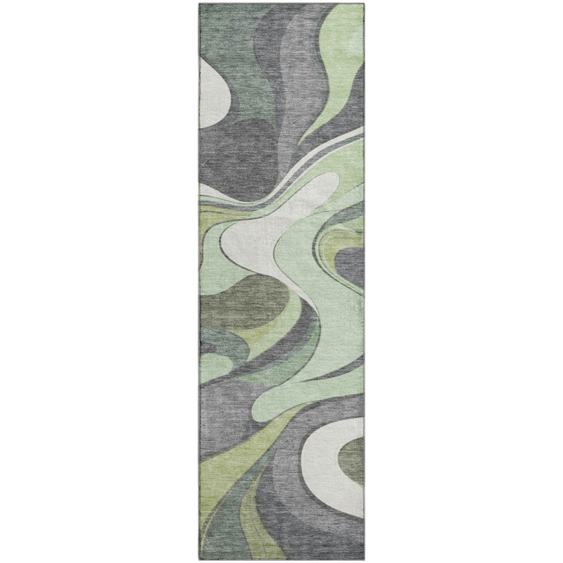 Premium Machine Washable Mayfield  swirls Rug, 2'3" x 7'6" Runner, Green
