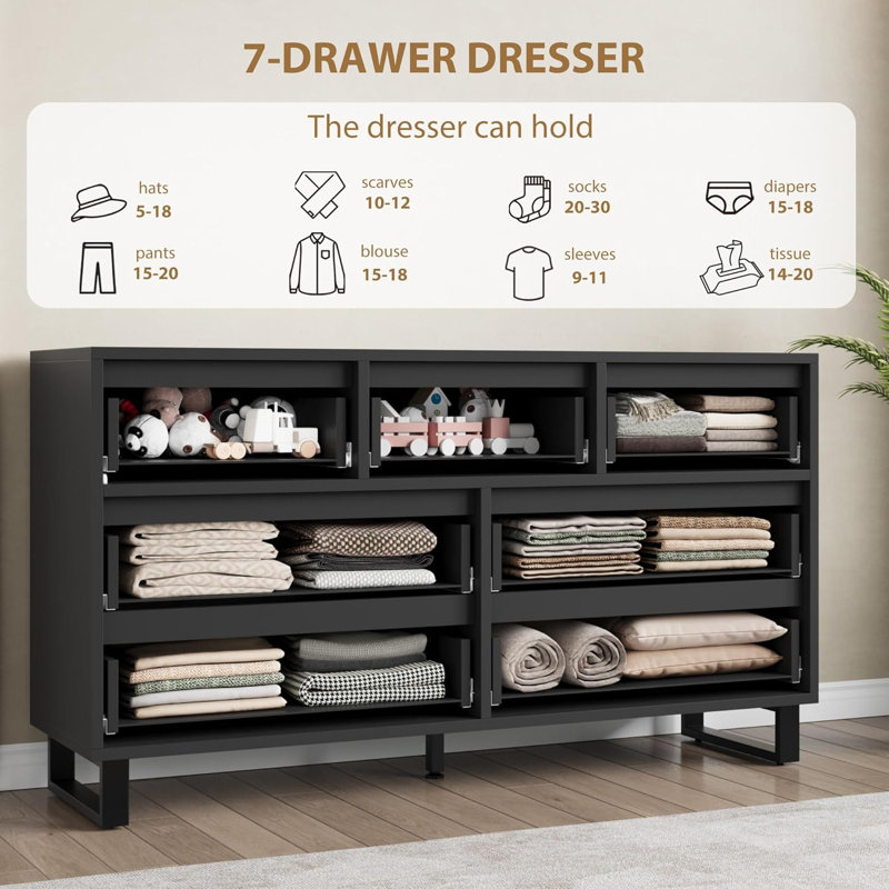 Modern 7-Drawer Dresser, 55 Inch Wide Wood Storage Chest for Bedroom, Living Room, or Entryway, Black