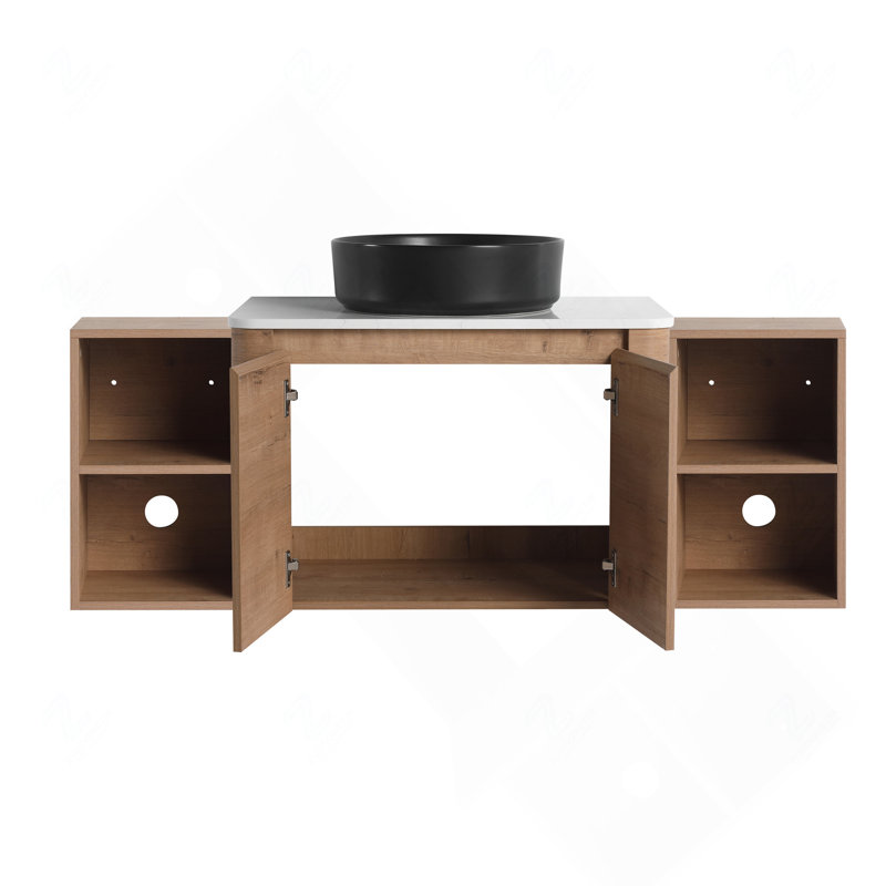 Meuble-lavabo mural 54 po en contreplaqué avec vasque en céramique, 2 tablettes de rangement et 2 portes à fermeture en douceur