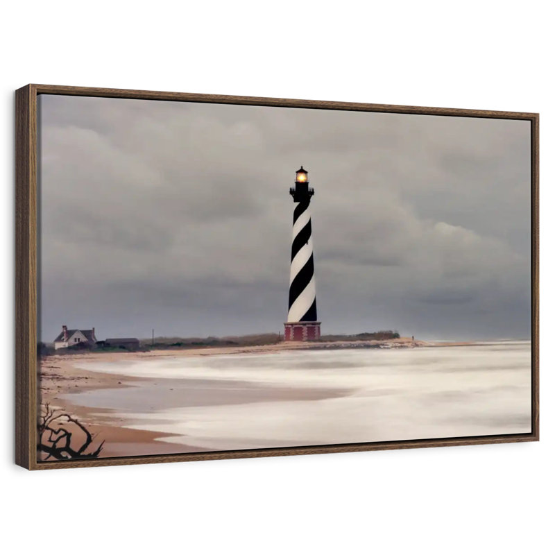 Phare orageux du cap Hatteras, 46 po x 31 po, Cadre flottant en noyer