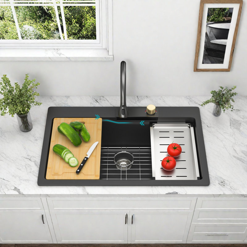 Évier de poste de travail en composite de quartz noir Waterfall Edge 33 x 22 pouces - bol simple, quartz épaissi, qualité commerciale