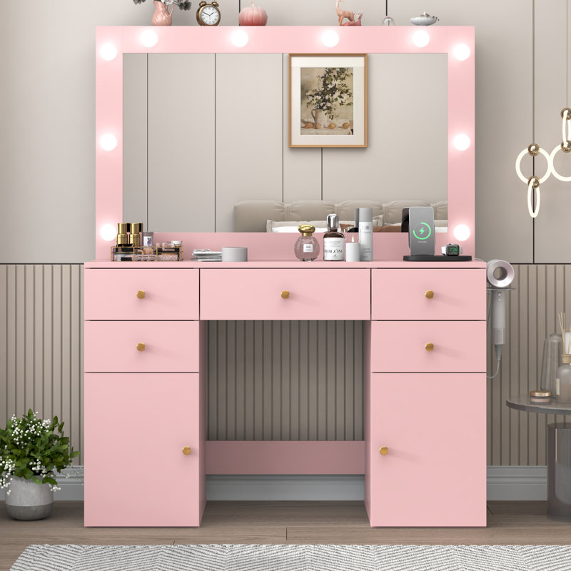Coiffeuse de maquillage avec miroir éclairé, plateau en verre trempé et prise à chargement rapide, Rose