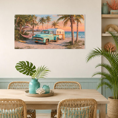  Décoration murale tropicale - art mural côtier avec palmier, impressions sur toile de camion rétro en été pour une décoration de chambre tropicale, cadre horizontal en bois de pin nordique 12 po x 24 po