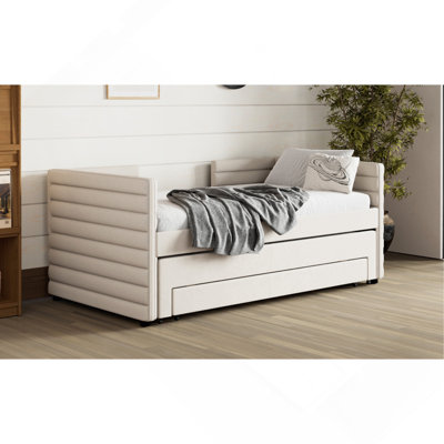 Lit de jour simple rembourré avec lit gigogne et 3 tiroirs de rangement, canapé-lit en tissu de lin à poil court pour chambre d'amis, salon, structure de lit de jour moderne peu encombrante, pas de sommier tapissier, beige