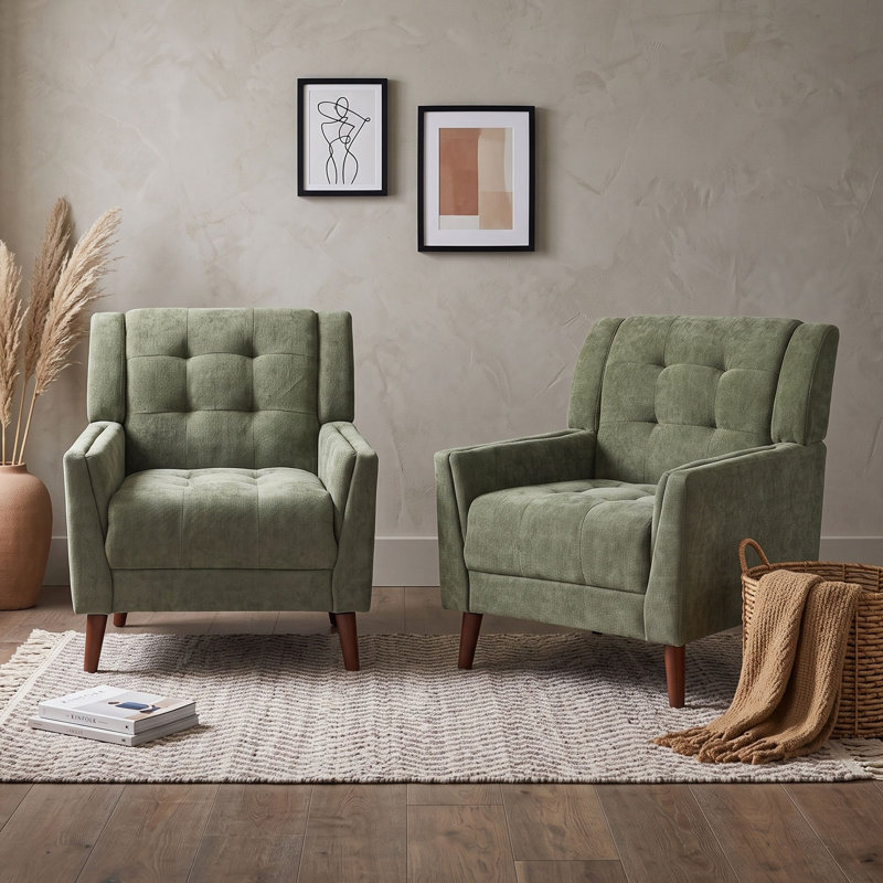 Fauteuils capitonnés en bois de style moderne du milieu du siècle avec pieds fuselés en bois massif, Vert