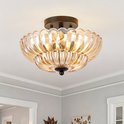 12’’W 3-Light Semi Flush Mount Ceiling Light, Petal Ribbed Glass Shade, Modern Vintage Brass Gold Ceiling Fixture for Bedroom Dining room
