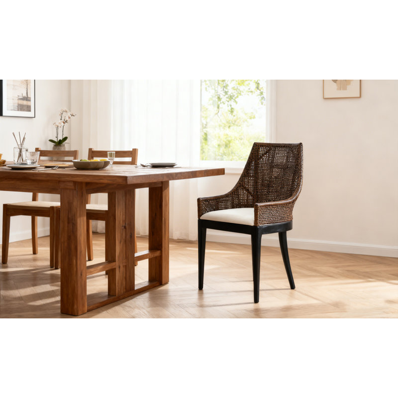 Contoured Rattan Wrapped Back Upholstered Arm Accent Chair