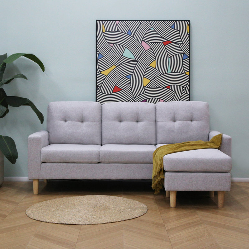 Pisa-Small 3 Seater Corner Sofa with Reversible Chaise - Woven Fabric, Light Grey, Natural Wood