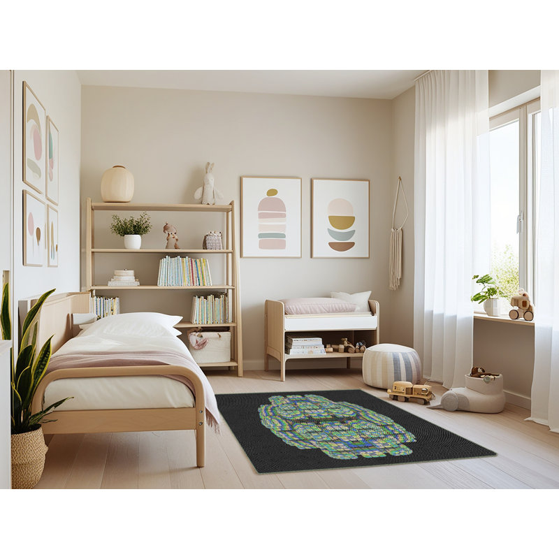 Tapis noir/vert tissé à la machine, Rectangle 4 pi x 6 pi