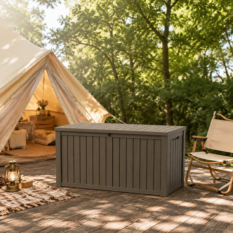 Boîte de rangement pour terrasse en bois 150 g / 570L, grain de bois, verrouillable, résistante aux intempéries, avec cloison