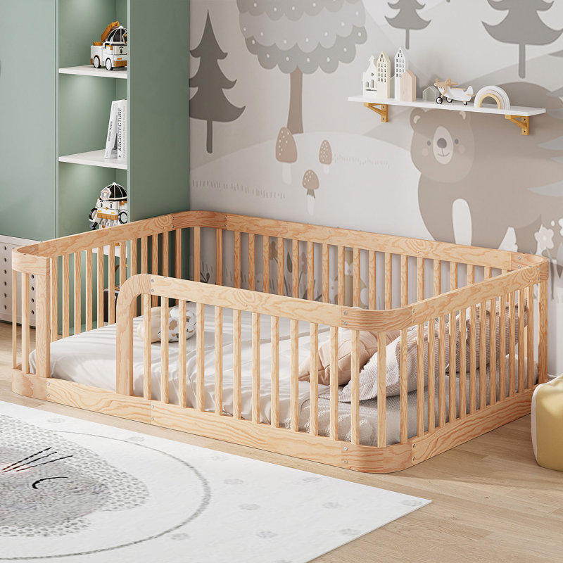 Floor Bed With Fence, Full, Natural