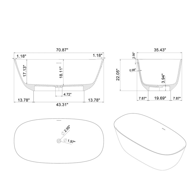 Freestanding Solid Surface Soaking Bathtub Matte White