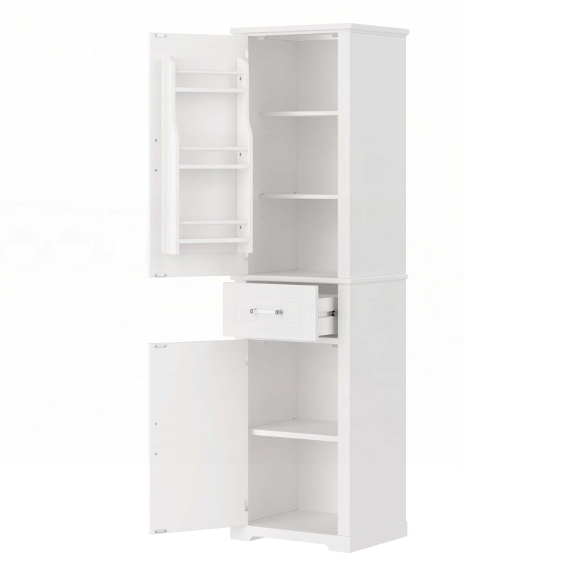 Grande armoire de rangement pour salle de bain, armoire de rangement autoportante avec quatre portes de tailles différentes et tablette réglable
