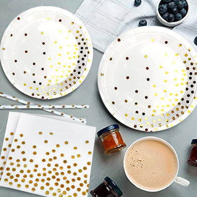 White and Gold Party Supplies, 193 Pcs Gold Paper Plates and Napkins Party Supplies Set