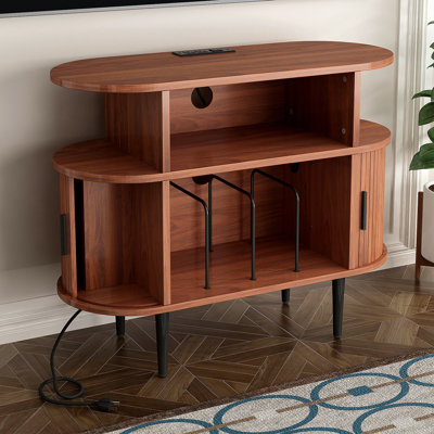 Grand support de tourne-disque rond avec station de charge et ports USB, armoire de rangement de disques, support de table tournante moderne Mid-Century pour le salon de la chambre à coucher