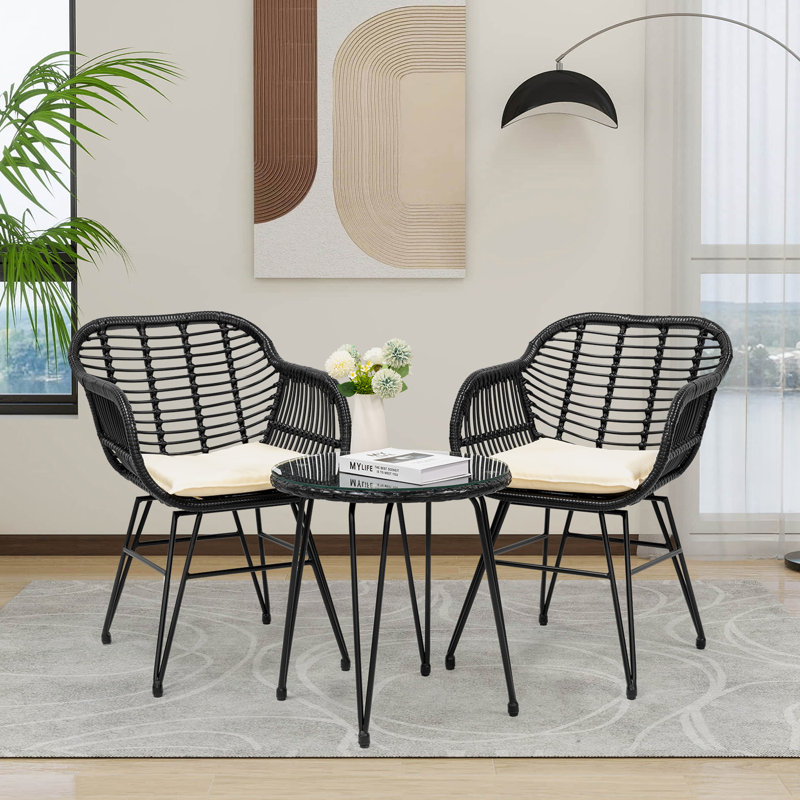 Virgie 2 - Person Patio Conversation Set with Cushions, Beige, Black