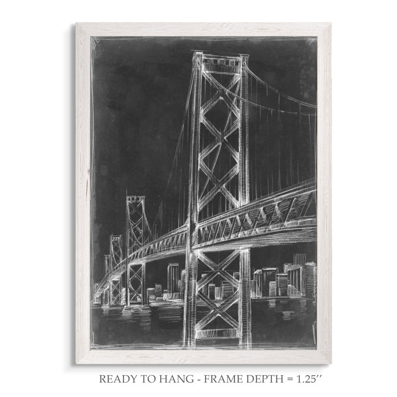 Pont de suspension blueprint ii-reproduction de peinture encadrée, H 28 po x l 38 po x P 1,3 po, Toile blanche encadrée