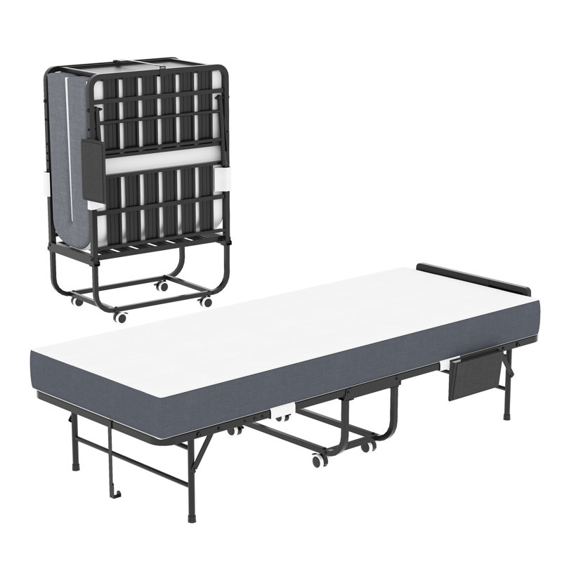 Lit simple de 190 cm avec tête de lit réglable, matelas en mousse à mémoire de forme de 12,5 cm, design compact, construction stable, lit de camp portatif, roulettes pour faciliter le transport. Convient aux personnes de grande taille. Matelas en mousse de 12,5 cm, structure métallique robuste.
