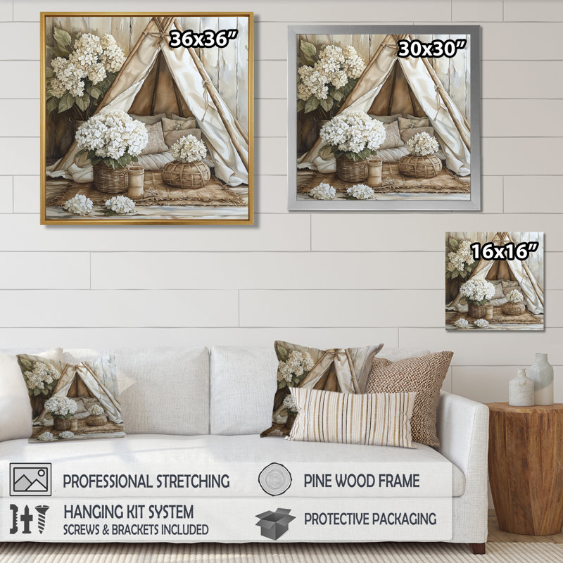 Boho Hydrangeas In A Boho Tent I - Hydrangea Wall Art, Impression encadrée flottante, Noir, H 16 po x l 16 po