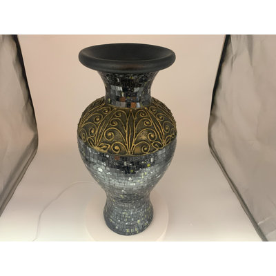 Aref Floor Vase, 24 Inch Mosaic Vase – Tall Cylinder Made of Terracotta with Black, Green, and Gold Glass Mosaic Pieces – Handcrafted Decorative Home Décor Accent Piece for Bedroom, Living Room