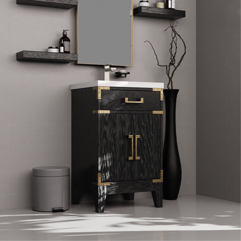Meuble-lavabo simple en chêne noir 20 po Largeur, miroir de 18 po, comptoir en acrylique, fermeture en douceur et capacité de rangement avec le dessus et le compartiment
