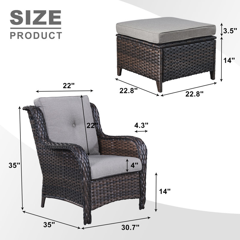 Bonia Outdoor Lounge Chair with Ottoman, Brown Frame/Gray Cushion