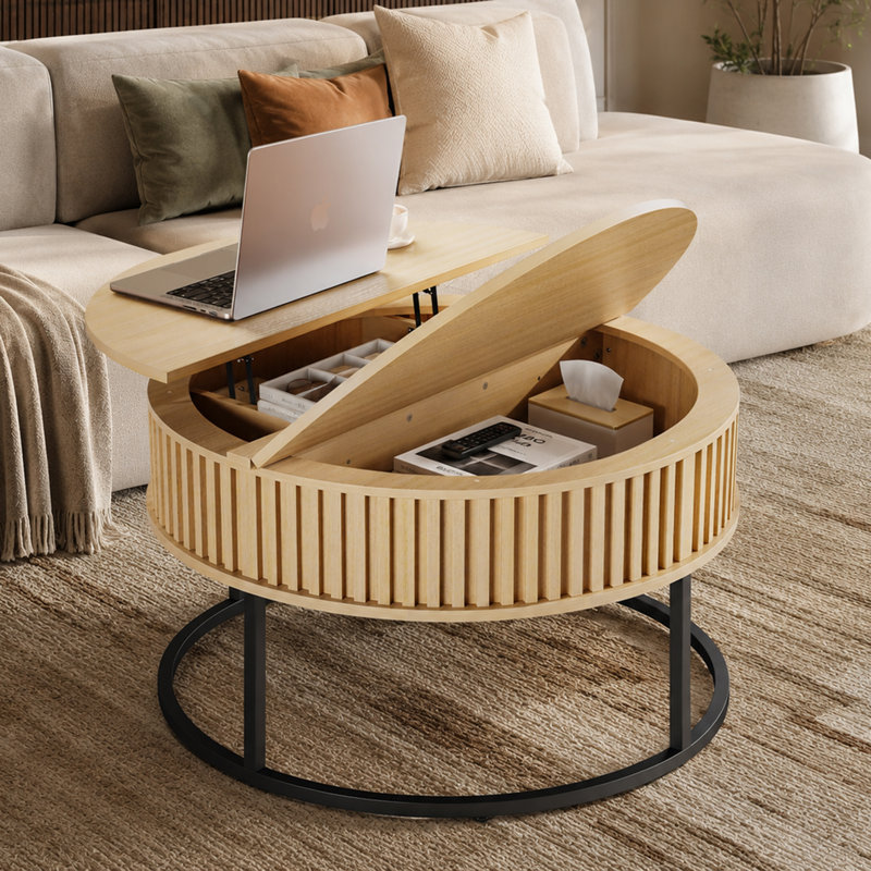 Table basse ronde avec centre en bois cannelé et plateau relevable pour le salon, soulevant pour la salle à manger, grand compartiment de rangement circulaire caché pour les petits espaces, moderne Mid-Century