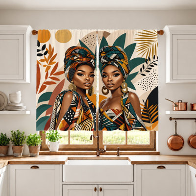 2 pièces de rideaux de portrait de femme africaine, tissu filtrant la lumière, motif tribal abstrait rétro, parasol et protection de la vie privée, conception à passe-tringle, pour le salon, la chambre à coucher, le balcon et la cuisine