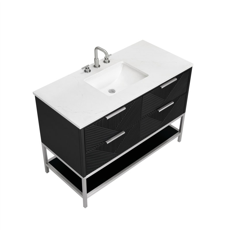 Diamond 48'' W Single Vanity, Calacatta Quartz, Charcoal Black, Brushed Nickel