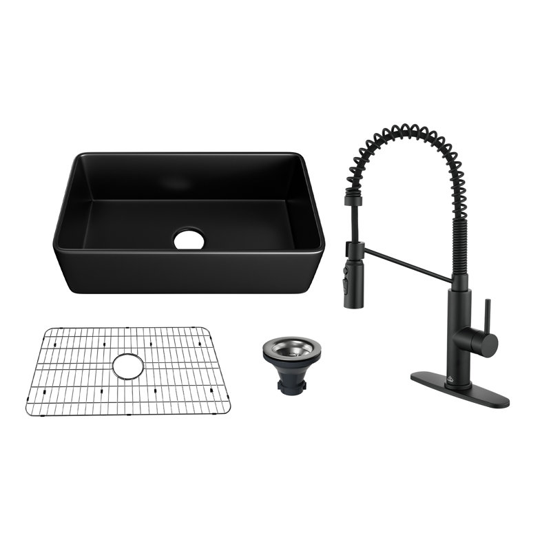 Évier de cuisine à simple cuve en argile réfractaire avec robinet inclus Casainc, Noir mat