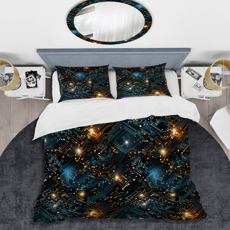 Ensemble de housse de couette géométrique Futuriste, Housse de couette simple + 1 taie décorative stan