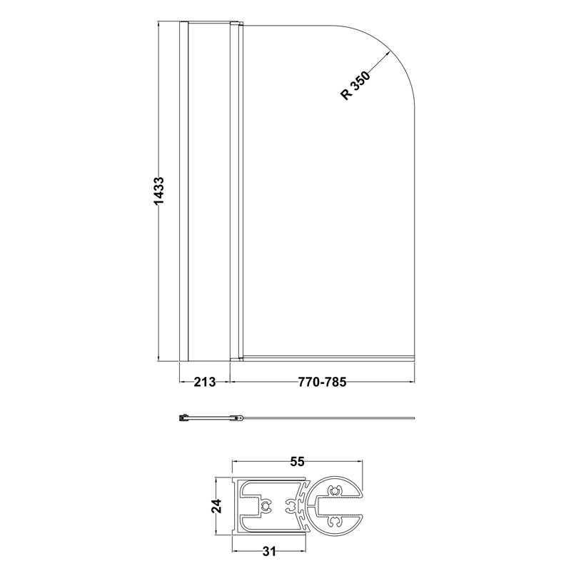 983mm - 998mm W x 1435mm H Hinged Semi-Frameless Tub Door with Clear Glass