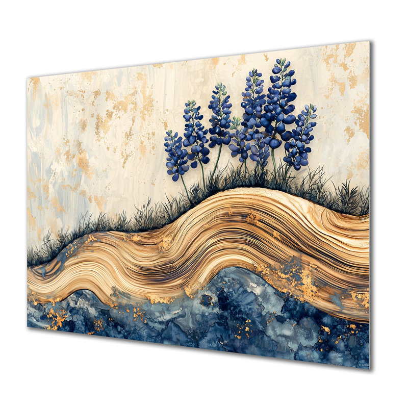 Fleurs bleues sur un toboggan en bois - décor mural en métal bleu, H 24 po x l 32 po